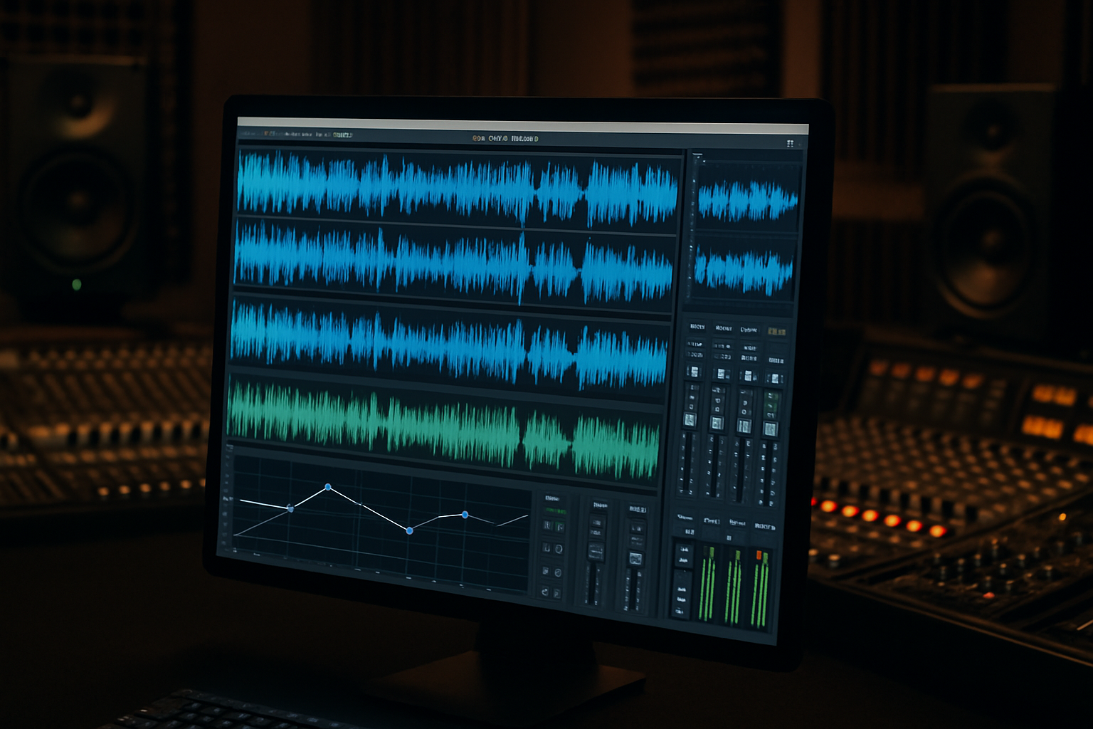 photo at recording studio, focused on computer screen in which audio mastering software is deployed, showing waves